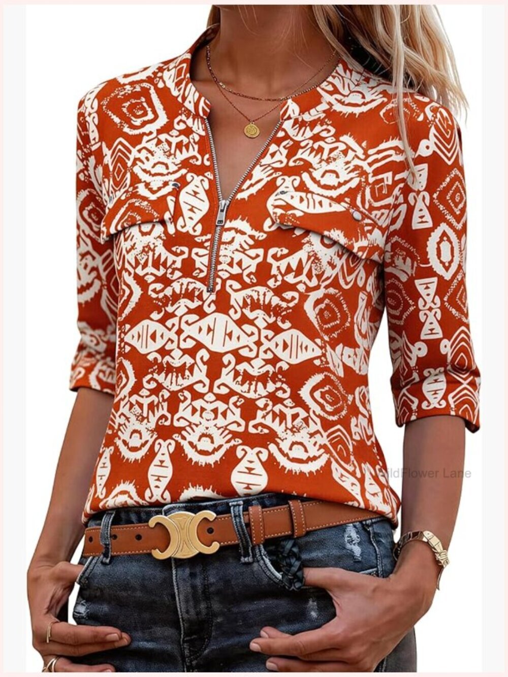 3/4 Sleeve V-Neck Zipper Blouse Business Casual Tunic Top